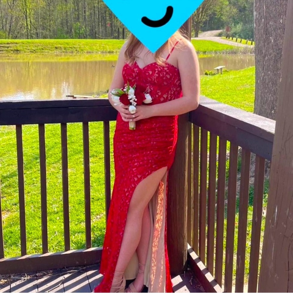 Elegant Red Lace Gown with Slit